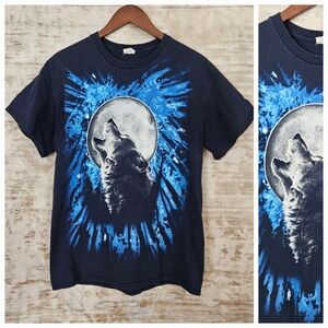 Vintage Wolf Shirt Blue Graphic Tee Short Sleeve Moon Howling Crew Neck Men's M